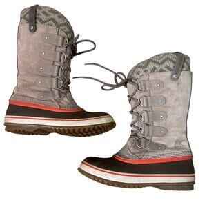 Sorel Joan of Arctic Waterproof Winter Knit Boot in Fossil Tan and Coral Accent